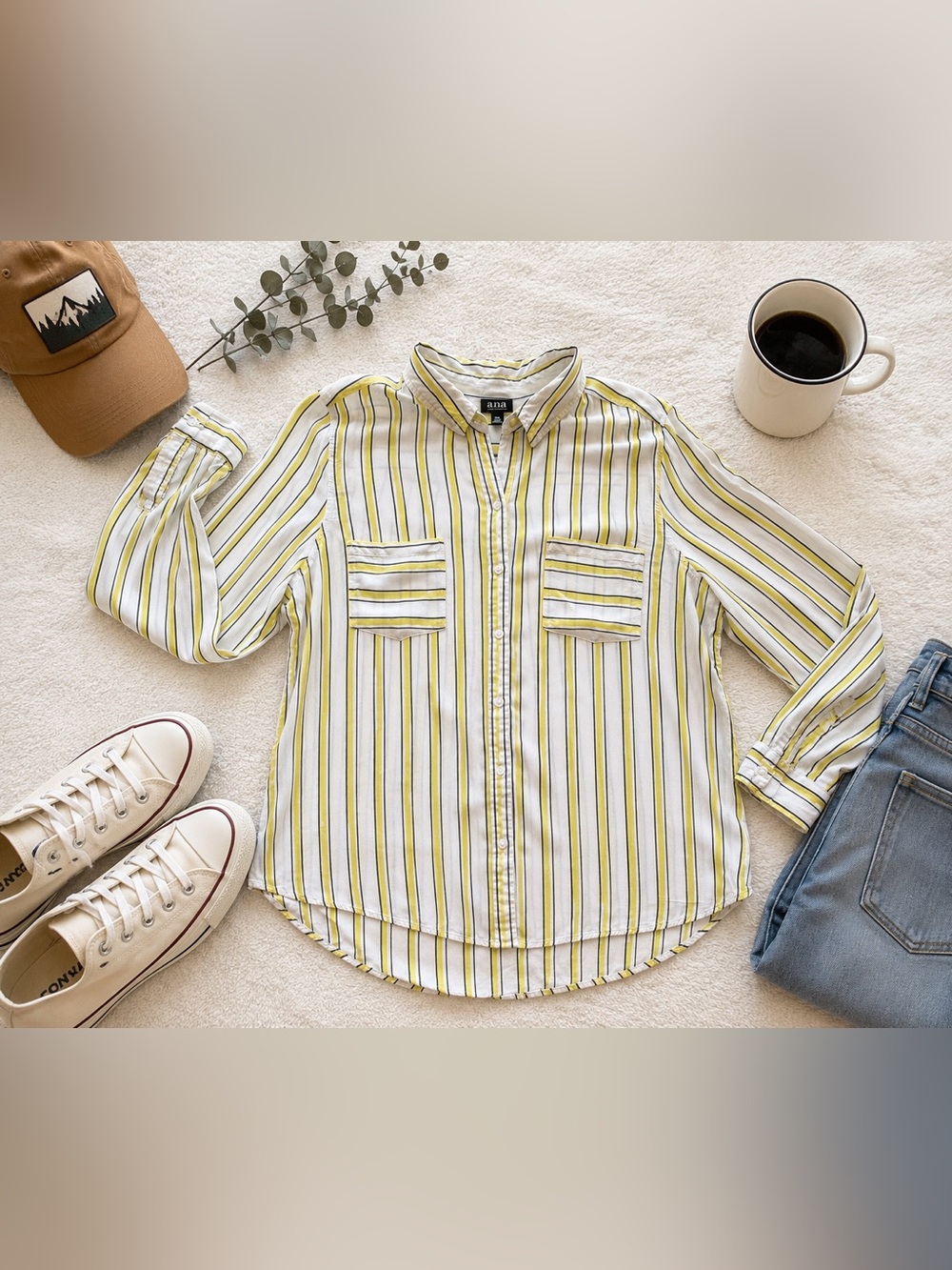 a.n.a New Approach Yellow Stripe Button Front Tunic Blouse XXL
